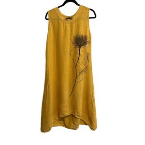 LAURA GOTTI Womens Dress 100% Linen Yellow Floral Trapeze Hi-Low Sleeveless Sz L